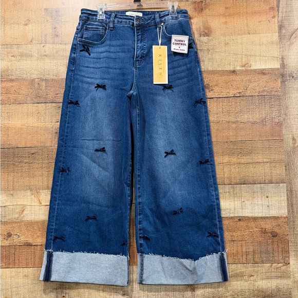 Risen Jeans Denim - NWOT Risen Wide Leg Tummy Control Jeans with Navy Bow Accents Size 13